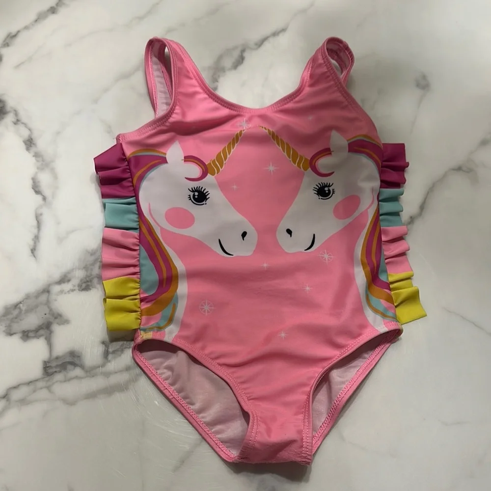Pink Unicorn Swimsuit with Ruffle Details